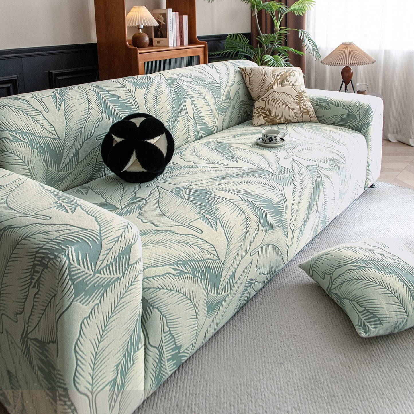 Dual Tone Knitting Jacquard Sofa Cover 1/2/3 Seater Fully Covered - Creamish Pale Green