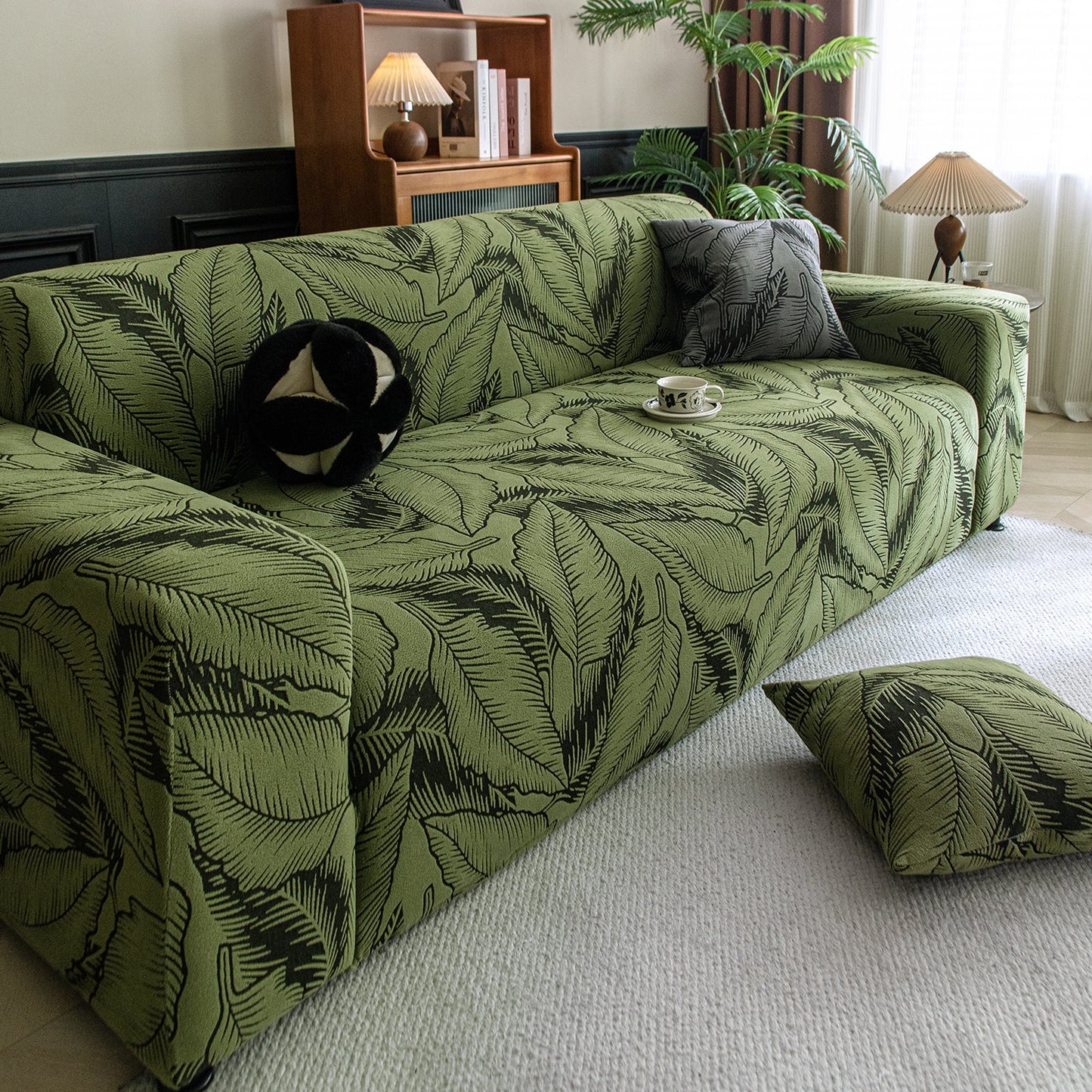 Dual Tone Knitting Jacquard Sofa Cover 1/2/3 Seater Fully Covered - Olive Green