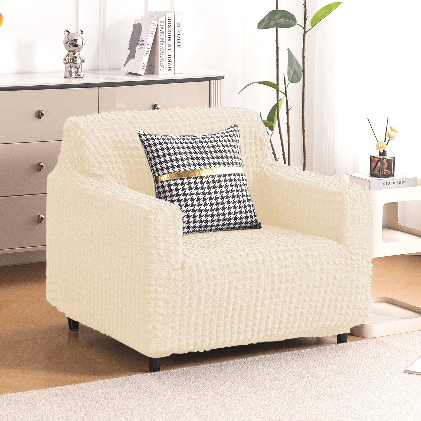 Aria Nova Elastic 280 GSM Stretchable Bubble Sofa Cover, Light Cream