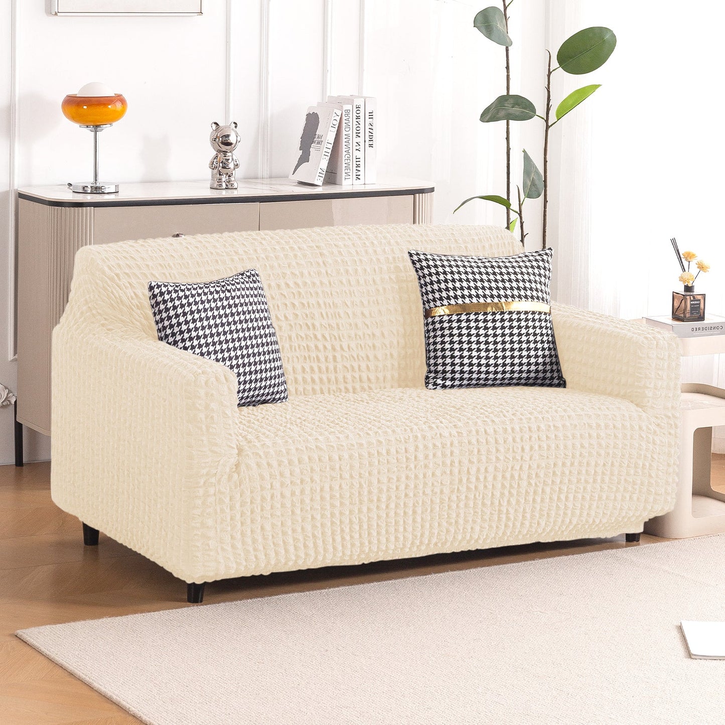 Aria Nova Elastic 280 GSM Stretchable Bubble Sofa Cover, Light Cream