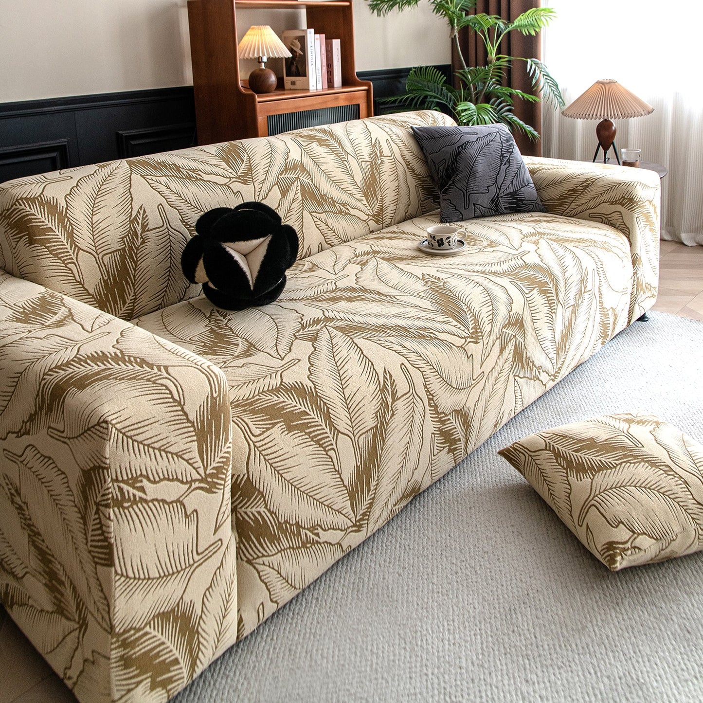 Dual Tone Knitting Jacquard Sofa Cover 1/2/3 Seater Fully Covered - Beige