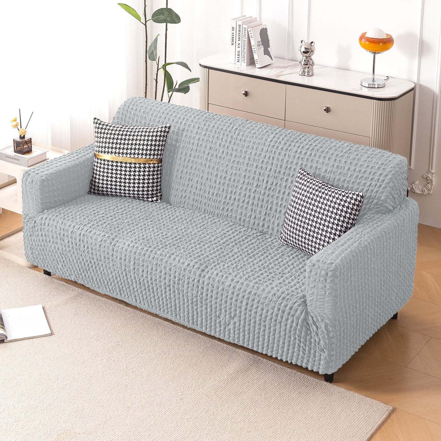 Aria Nova Elastic 280 GSM Stretchable Bubble Sofa Cover, Light Grey
