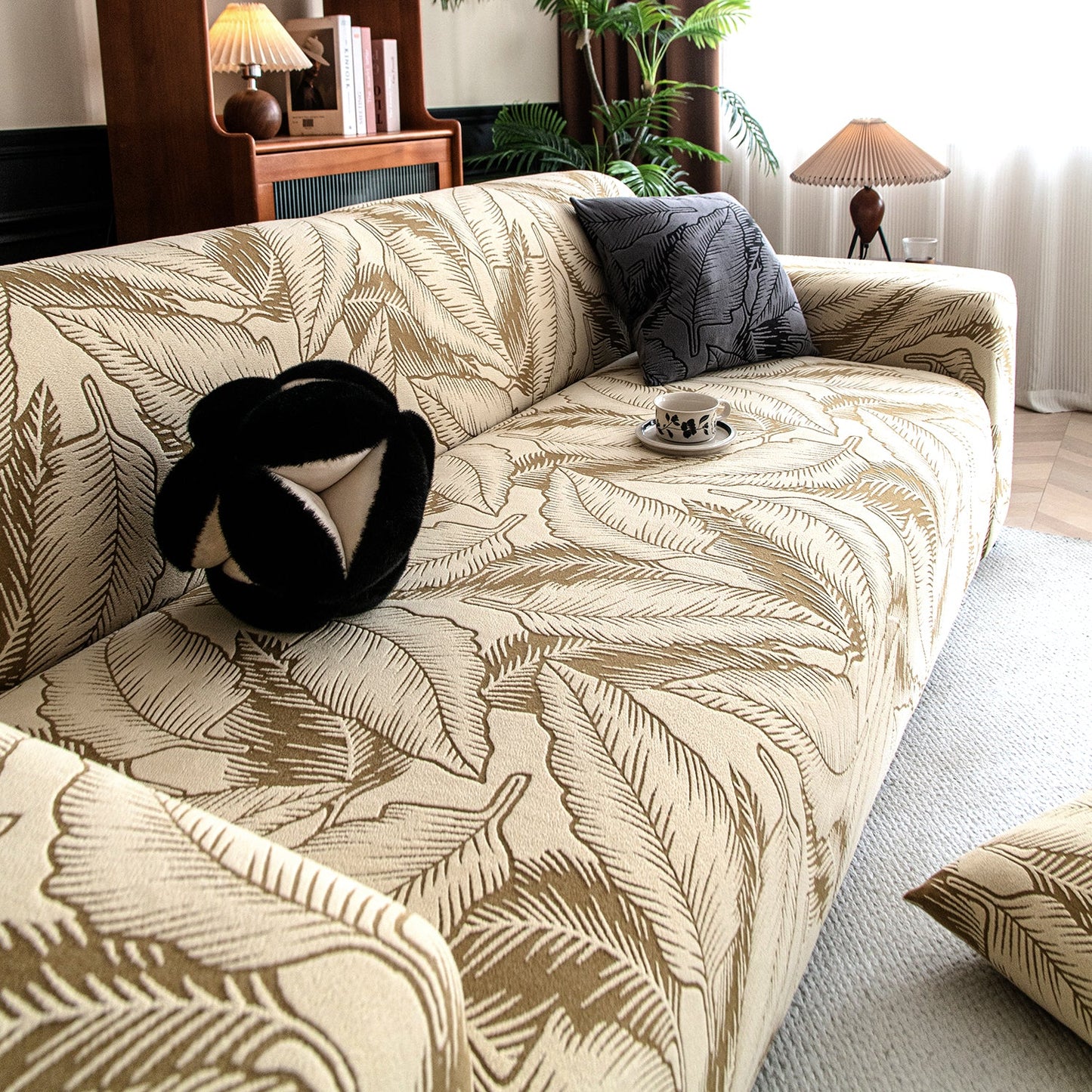 Dual Tone Knitting Jacquard Sofa Cover 1/2/3 Seater Fully Covered - Beige