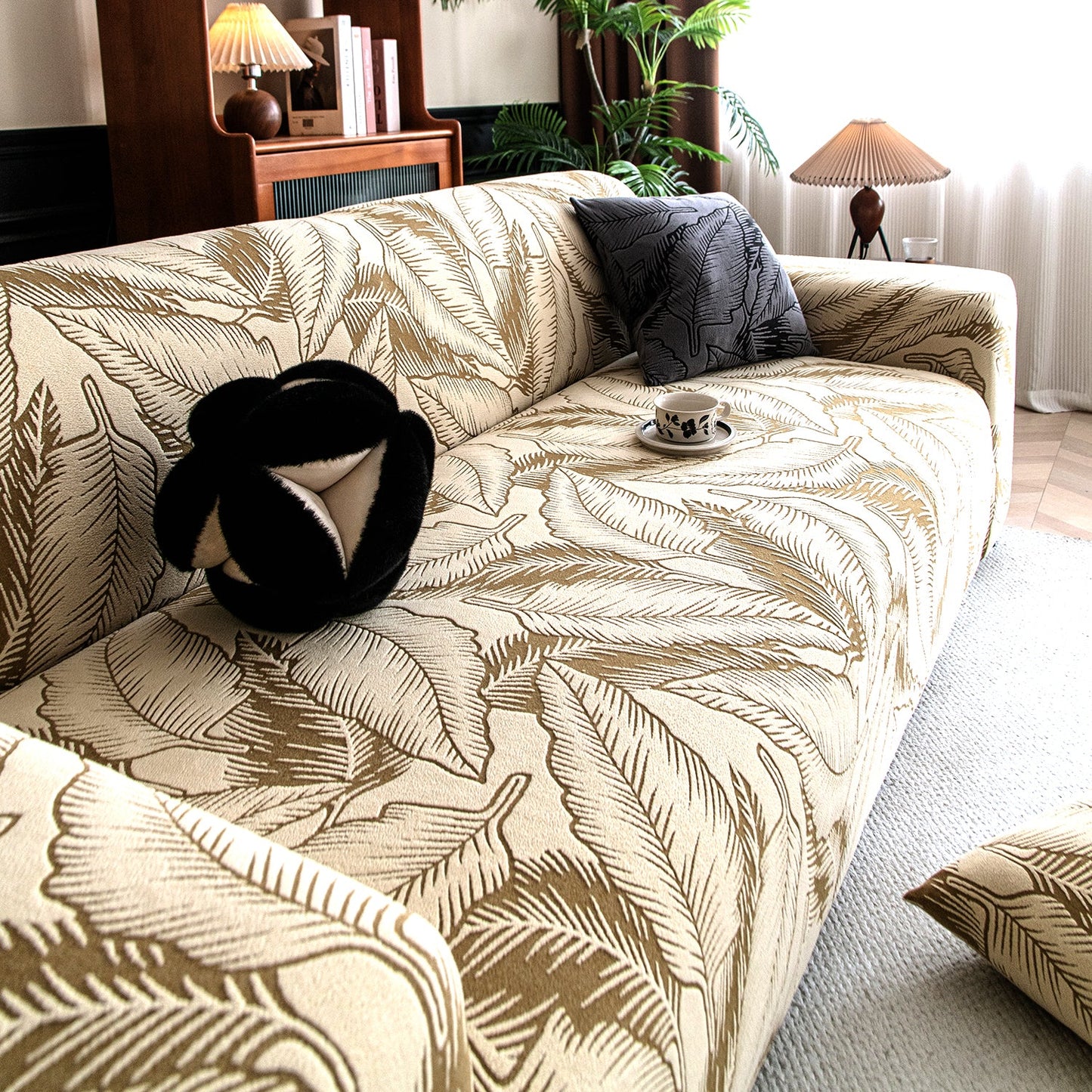 Dual Tone Knitting Jacquard Sofa Cover 1/2/3 Seater Fully Covered - Beige