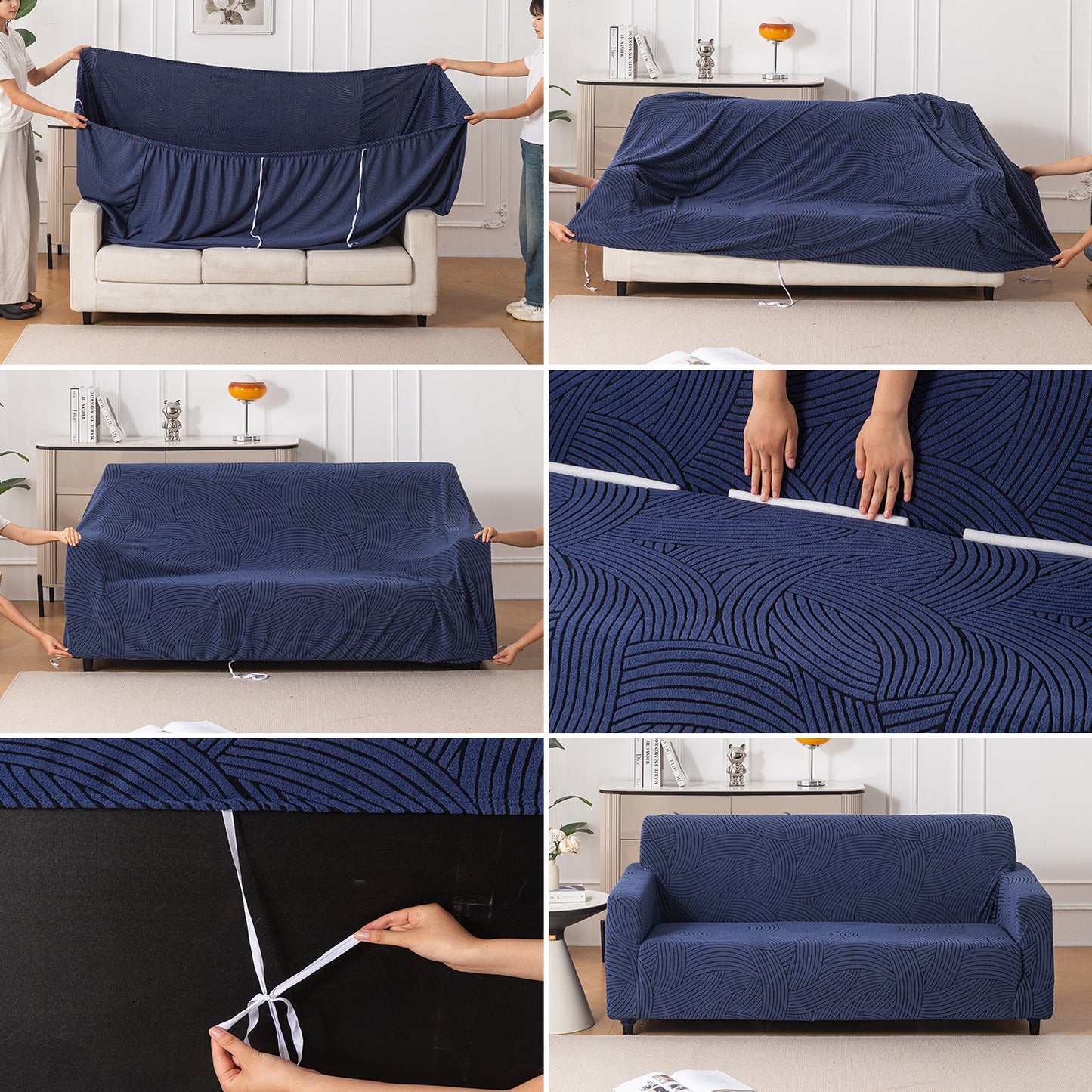 'WaveLine Series' Jacquard Sofa Cover 1/2/3/4-seater Fully Covered, Royal Blue