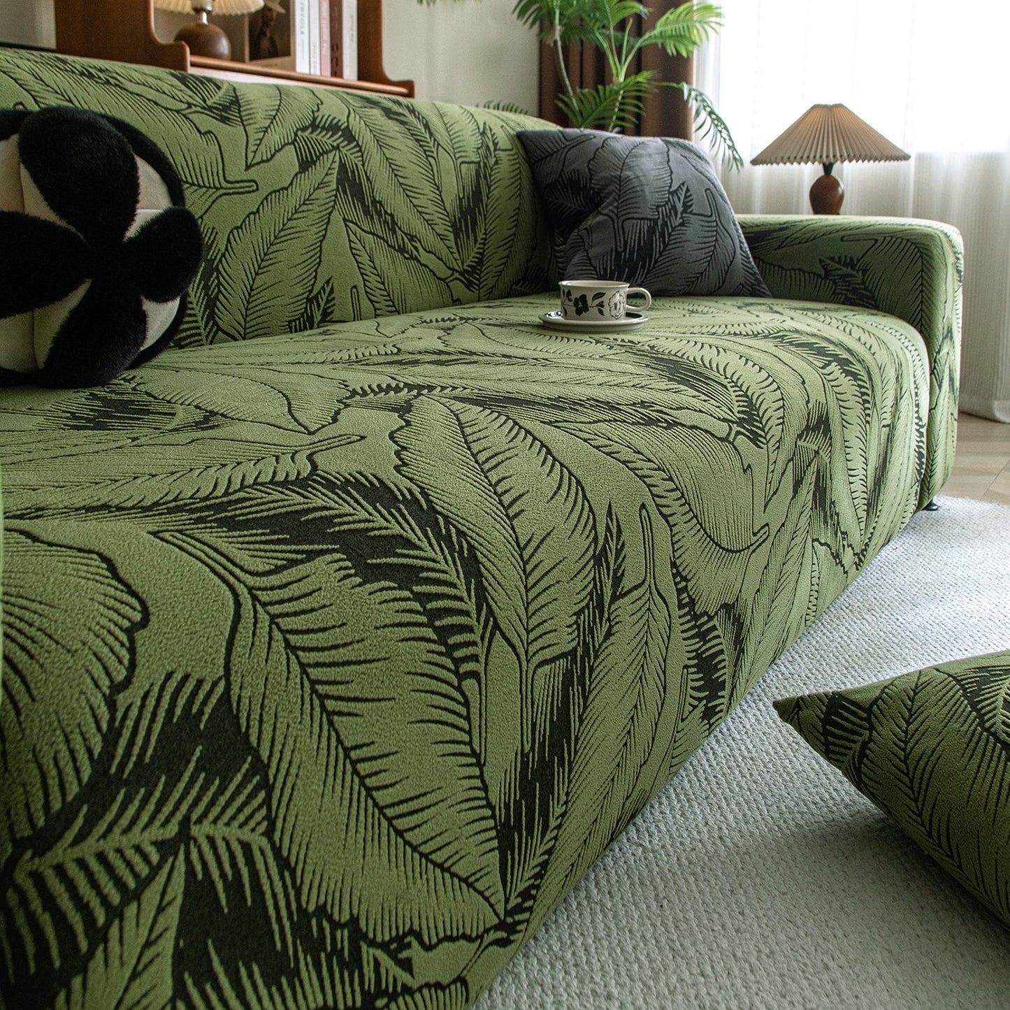 Dual Tone Knitting Jacquard Sofa Cover 1/2/3 Seater Fully Covered - Olive Green