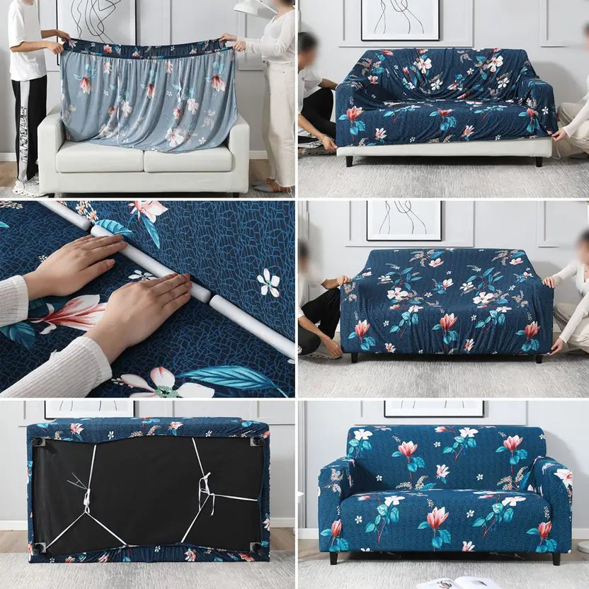 Sofa Cover- Blue Flooral - Luxury Quality Strechable & Dust-proof Sofa Cover