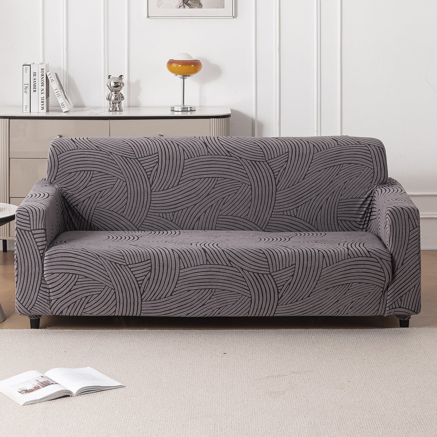 'WaveLine Series' Jacquard Sofa Cover 1/2/3/4-seater Fully Covered, Charcoal Grey
