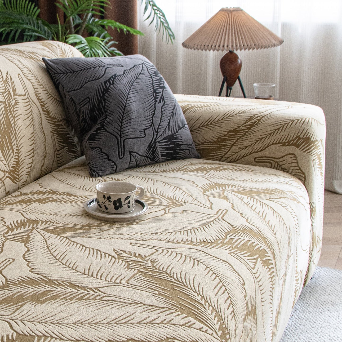 Dual Tone Knitting Jacquard Sofa Cover 1/2/3 Seater Fully Covered - Beige