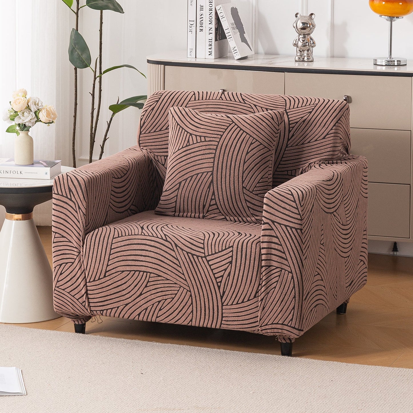 'WaveLine Series' Jacquard Sofa Cover 1/2/3/4-seater Fully Covered, Rust Brown