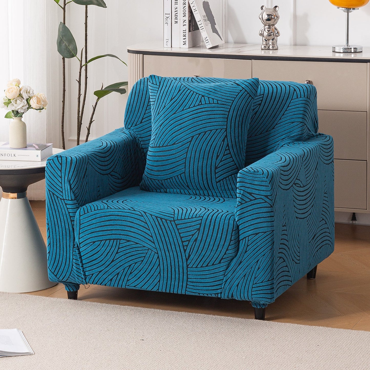 'WaveLine Series' Jacquard Sofa Cover 1/2/3/4-seater Fully Covered, Teal Green