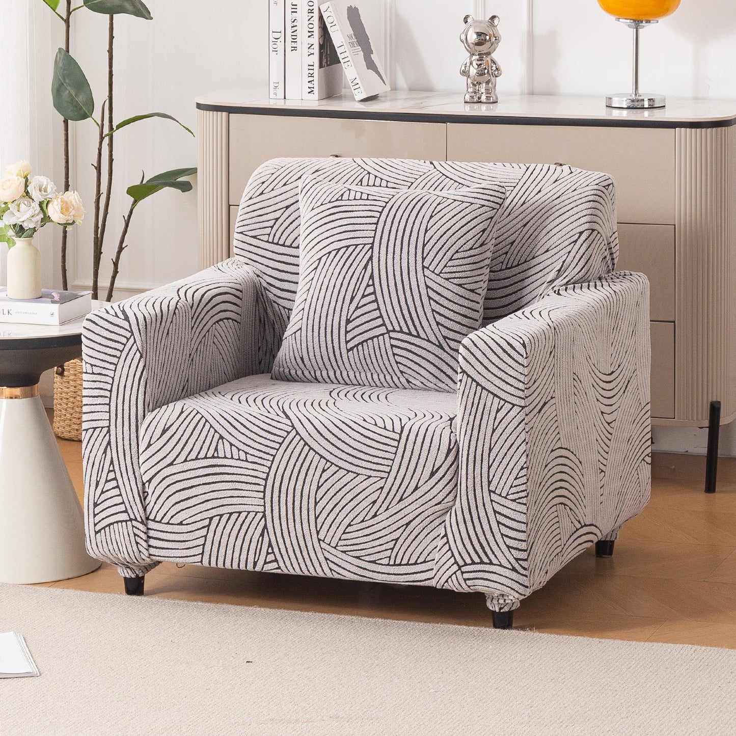 'WaveLine Series' Jacquard Sofa Cover 1/2/3/4-seater Fully Covered, Ash Grey