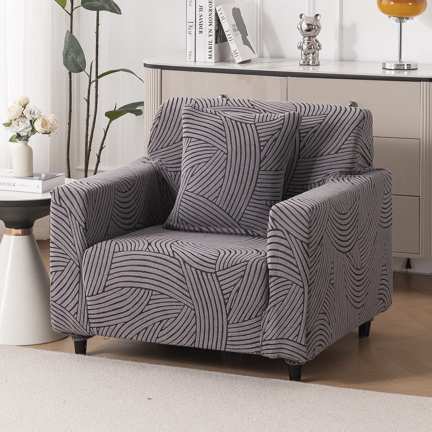 'WaveLine Series' Jacquard Sofa Cover 1/2/3/4-seater Fully Covered, Charcoal Grey