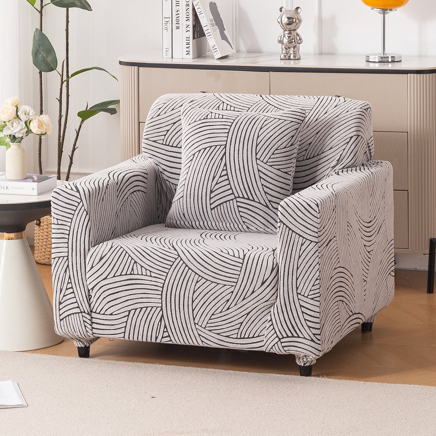 'WaveLine Series' Jacquard Sofa Cover 1/2/3/4-seater Fully Covered, Classic White