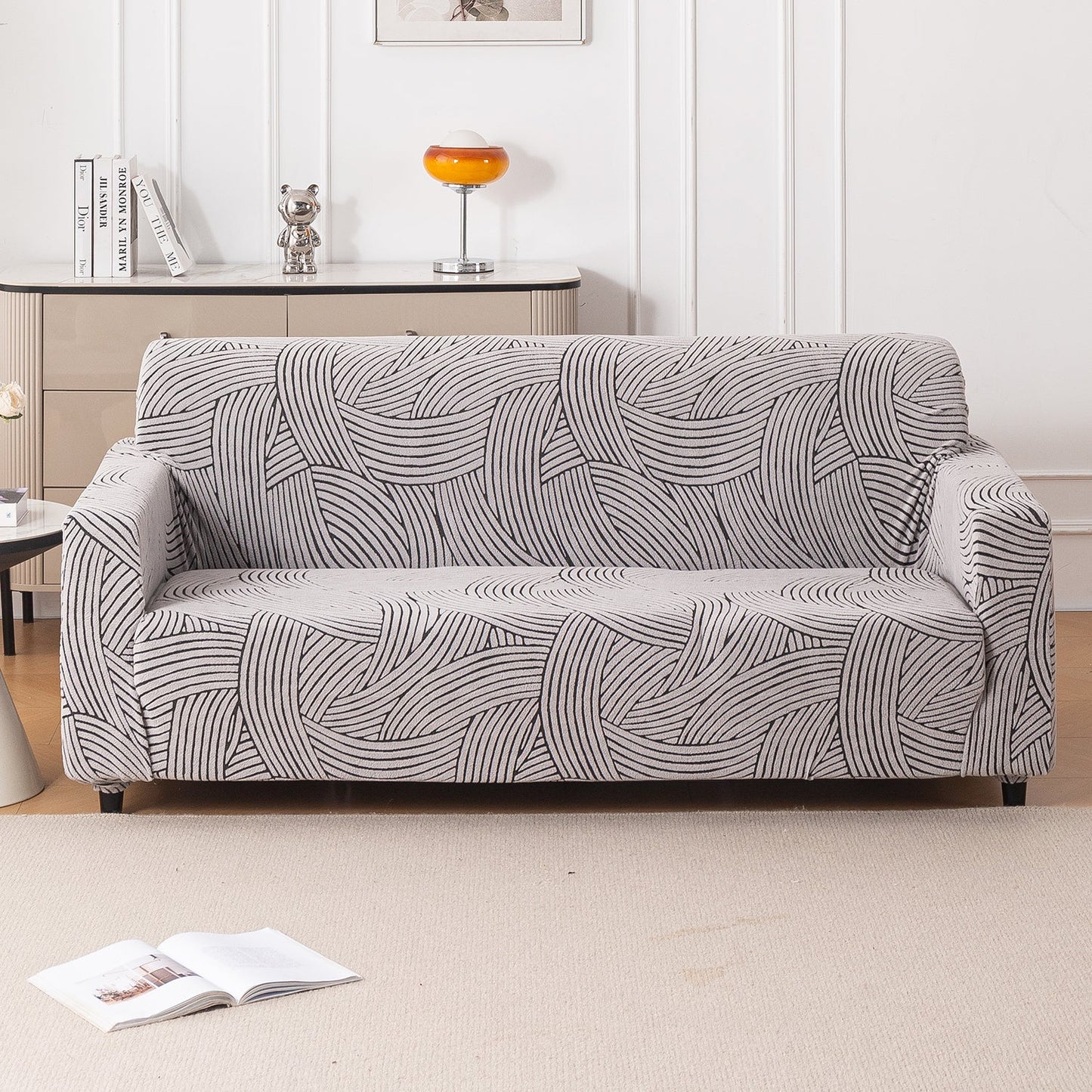 'WaveLine Series' Jacquard Sofa Cover 1/2/3/4-seater Fully Covered, Ash Grey