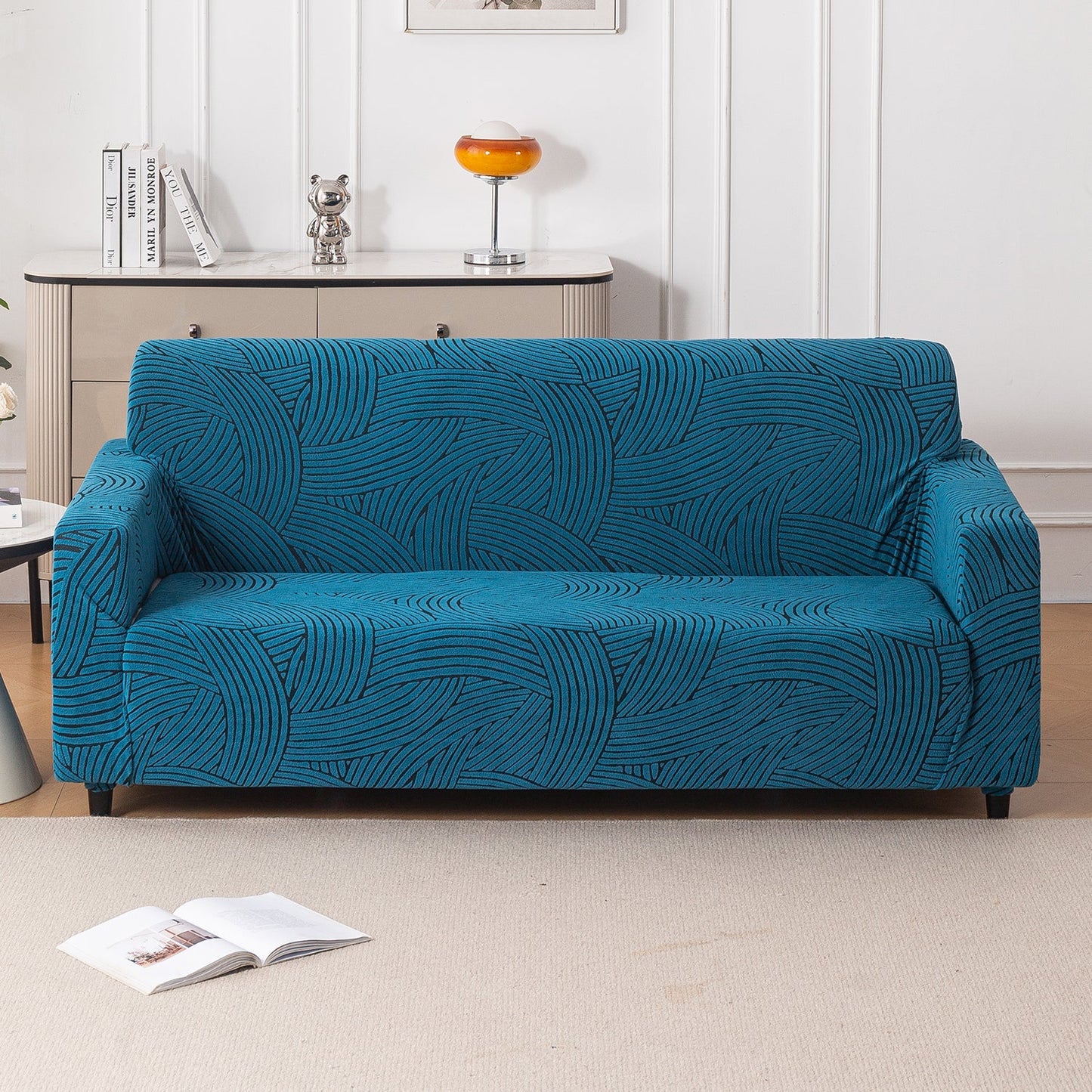 'WaveLine Series' Jacquard Sofa Cover 1/2/3/4-seater Fully Covered, Teal Green