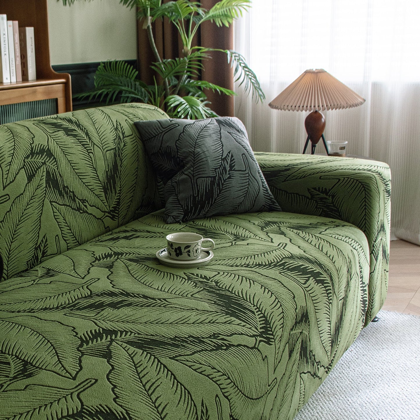 Dual Tone Knitting Jacquard Sofa Cover 1/2/3 Seater Fully Covered - Olive Green