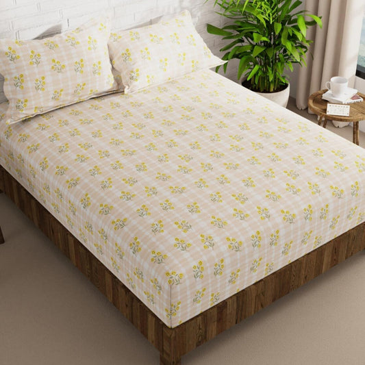 Golden Bloom 210 TC Cotton Blend Flat King Bedsheet