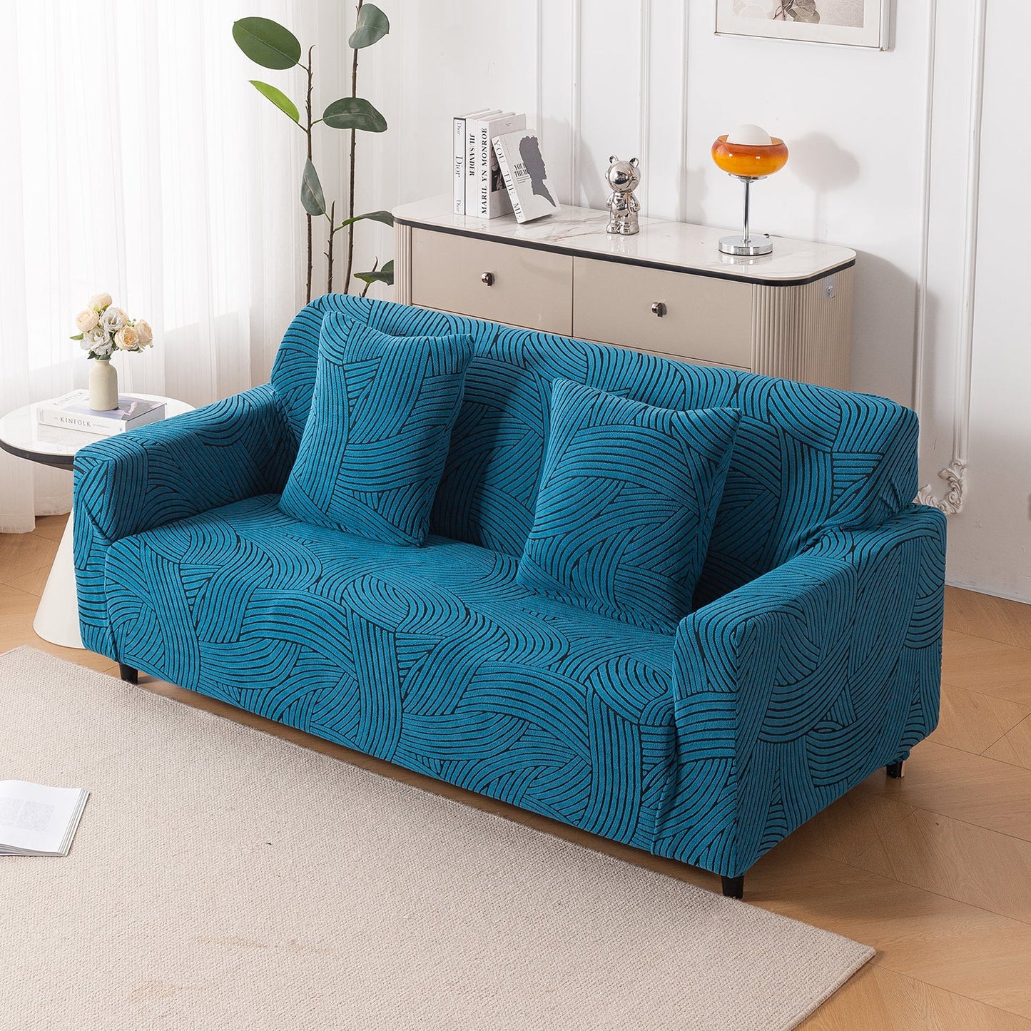 'WaveLine Series' Jacquard Sofa Cover 1/2/3/4-seater Fully Covered, Teal Green