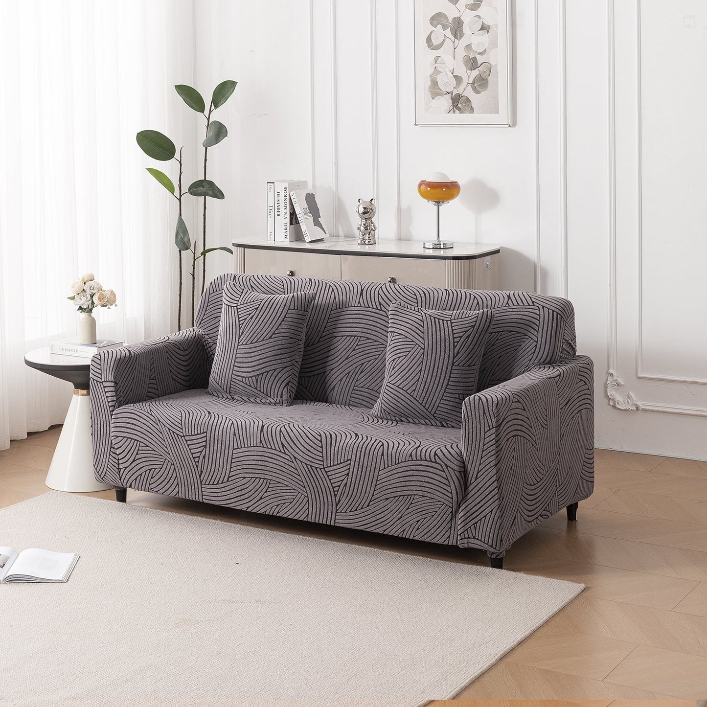 'WaveLine Series' Jacquard Sofa Cover 1/2/3/4-seater Fully Covered, Charcoal Grey