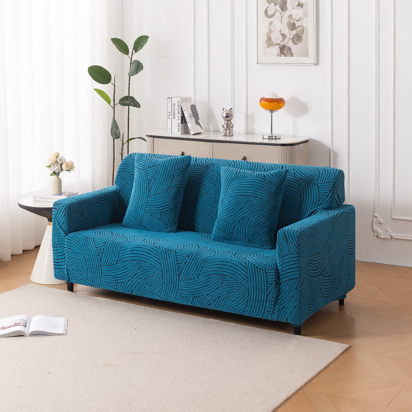 'WaveLine Series' Jacquard Sofa Cover 1/2/3/4-seater Fully Covered, Teal Green
