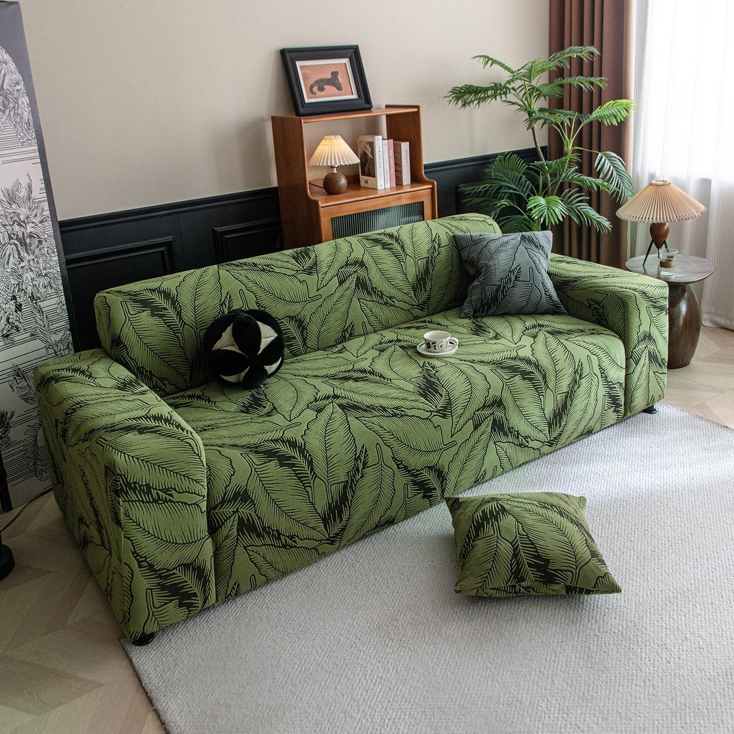 Dual Tone Knitting Jacquard Sofa Cover 1/2/3 Seater Fully Covered - Olive Green