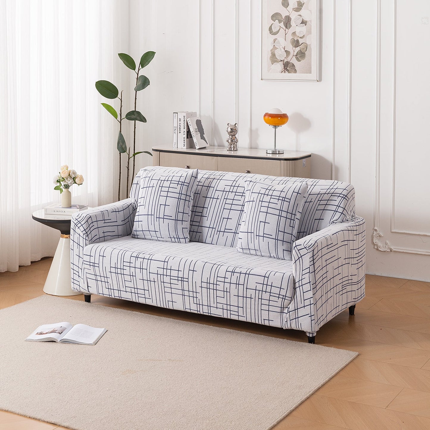 'Crossline Series' Jacquard Sofa Cover 1/2/3/4-seater Fully Covered, Navy Blue