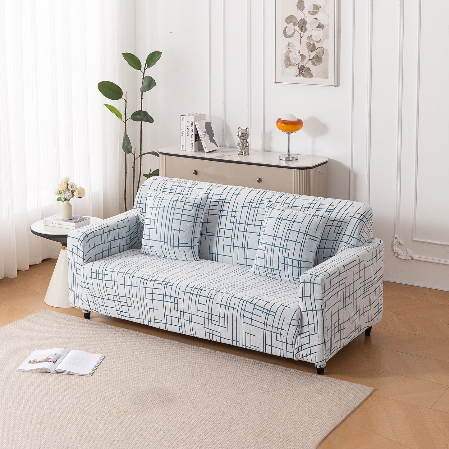 'Crossline Series' Jacquard Sofa Cover 1/2/3/4-seater Fully Covered, Teal Blue