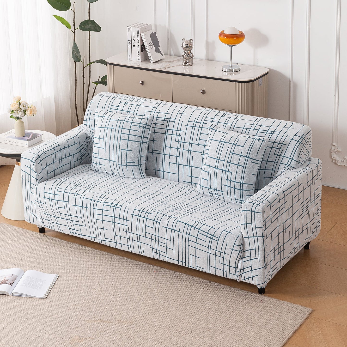 'Crossline Series' Jacquard Sofa Cover 1/2/3/4-seater Fully Covered, Teal Blue