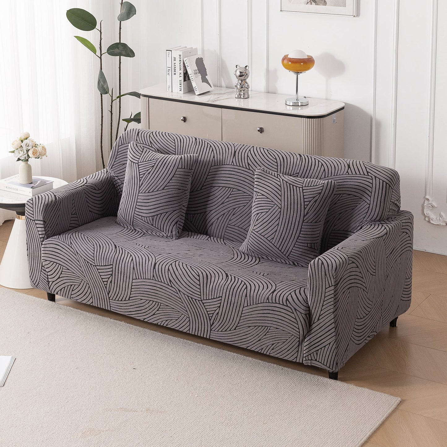 'WaveLine Series' Jacquard Sofa Cover 1/2/3/4-seater Fully Covered, Charcoal Grey