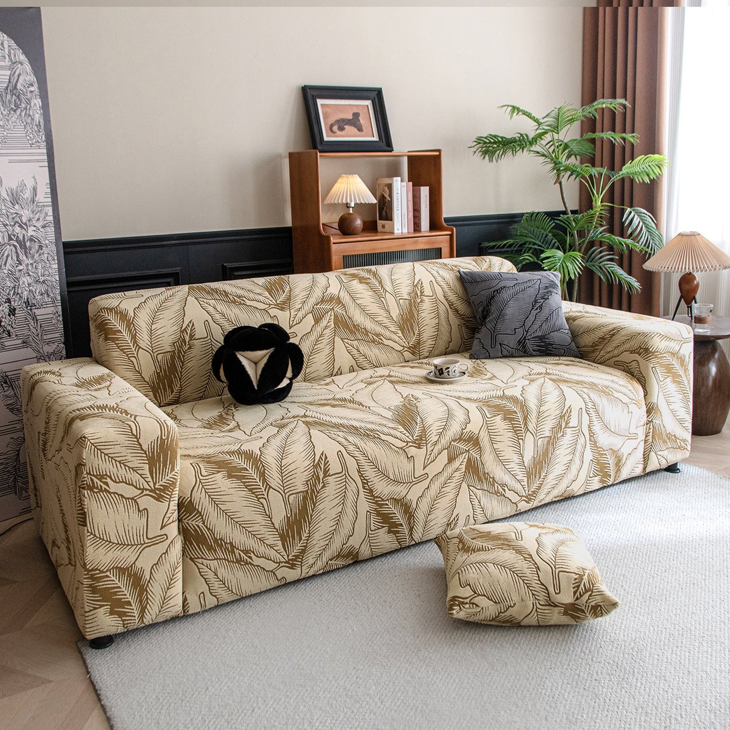 Dual Tone Knitting Jacquard Sofa Cover 1/2/3 Seater Fully Covered - Beige