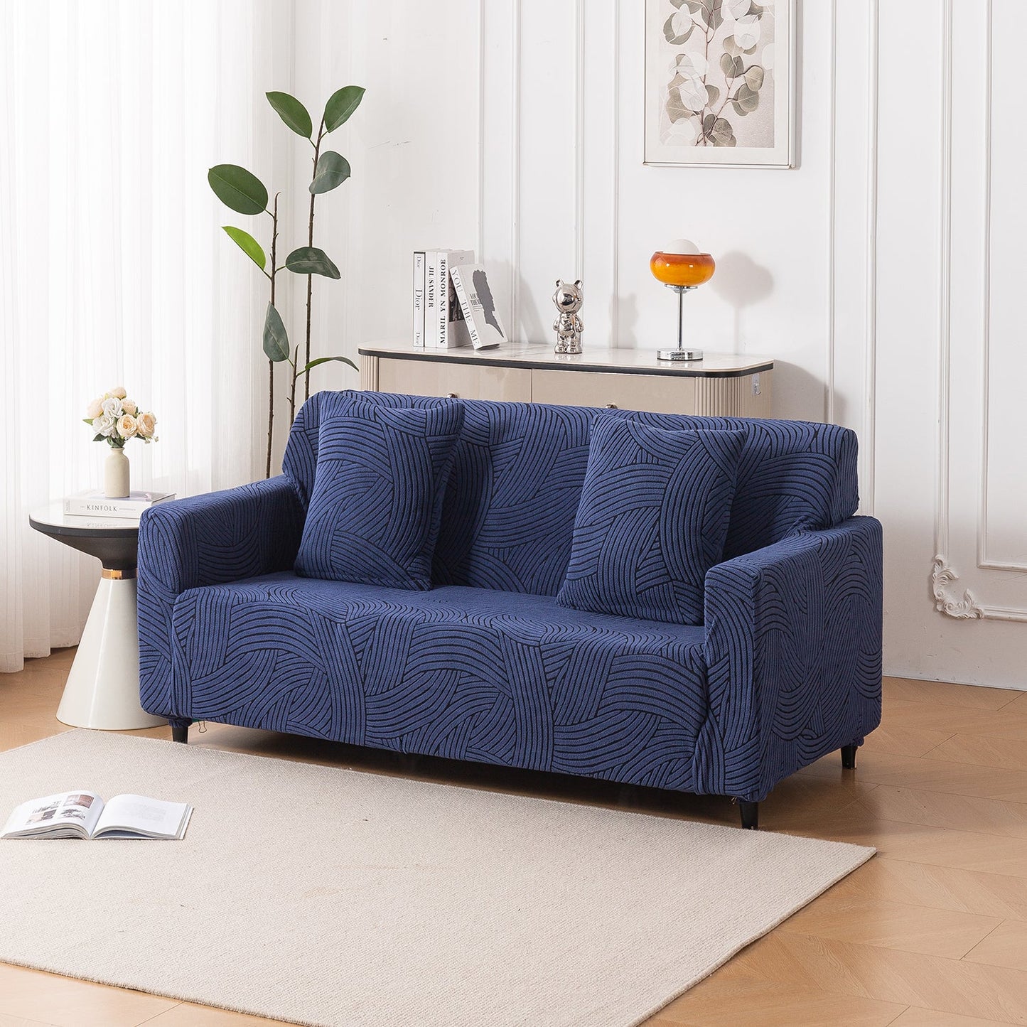 'WaveLine Series' Jacquard Sofa Cover 1/2/3/4-seater Fully Covered, Royal Blue