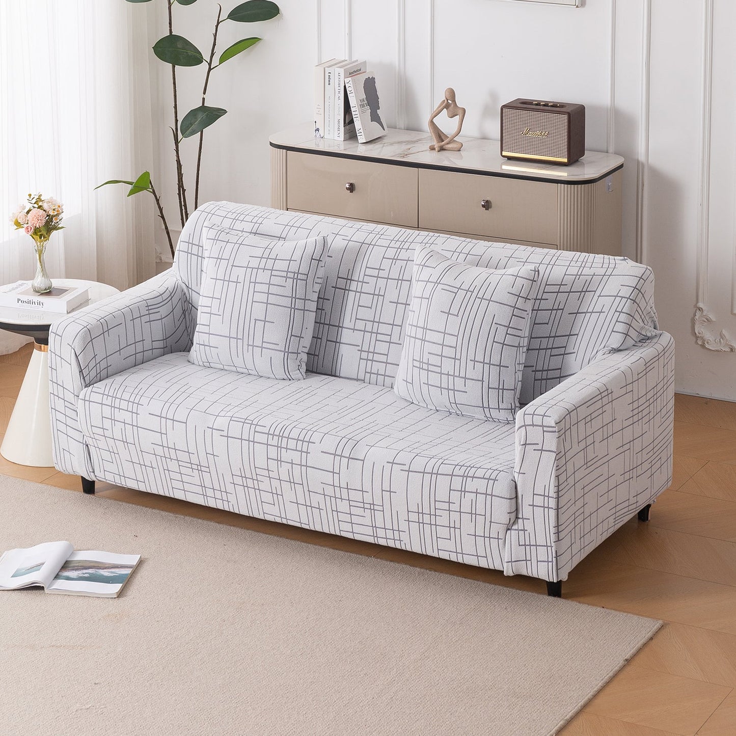 'Crossline Series' Jacquard Sofa Cover 1/2/3/4-seater Fully Covered, Light Grey