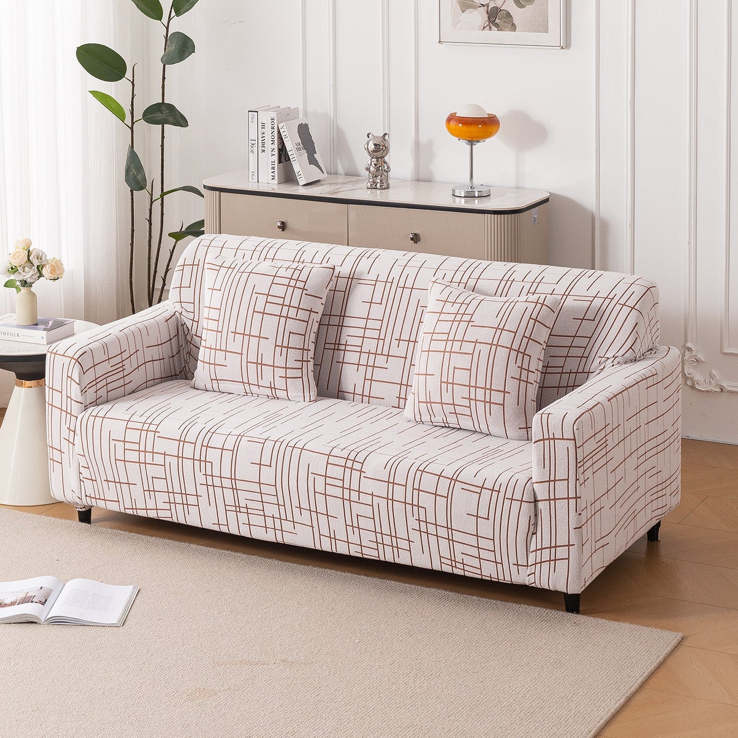 'Crossline Series' Jacquard Sofa Cover 1/2/3/4-seater Fully Covered, Rust Brown