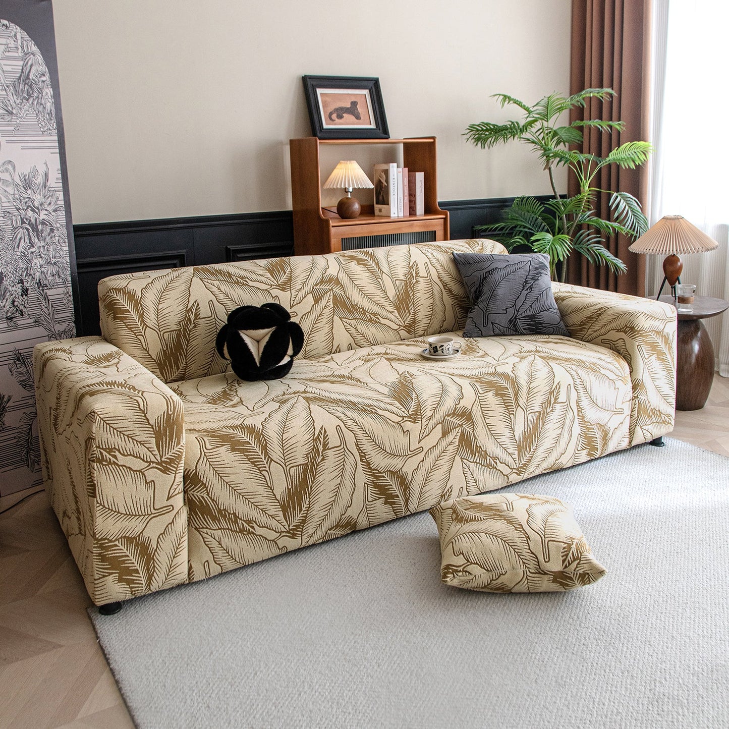 Dual Tone Knitting Jacquard Sofa Cover 1/2/3 Seater Fully Covered - Beige