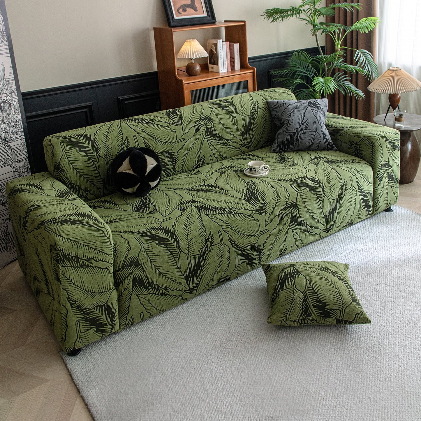 Dual Tone Knitting Jacquard Sofa Cover 1/2/3 Seater Fully Covered - Olive Green