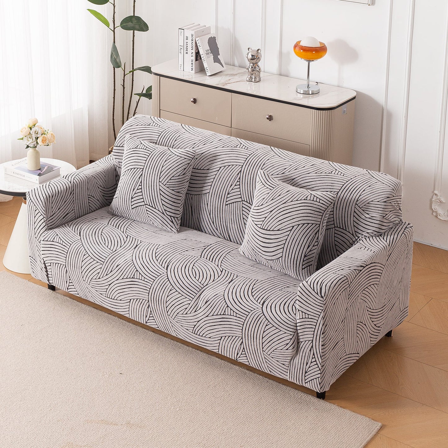 'WaveLine Series' Jacquard Sofa Cover 1/2/3/4-seater Fully Covered, Ash Grey