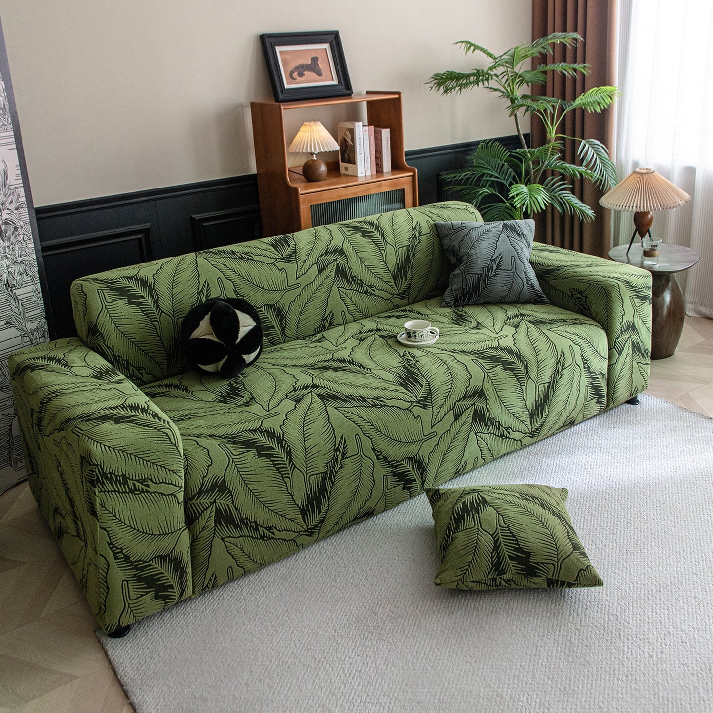 Dual Tone Knitting Jacquard Sofa Cover 1/2/3 Seater Fully Covered - Olive Green