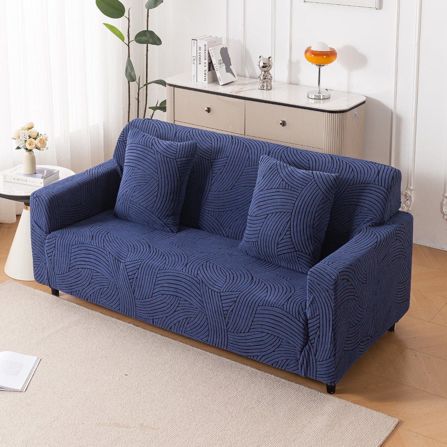 'WaveLine Series' Jacquard Sofa Cover 1/2/3/4-seater Fully Covered, Royal Blue