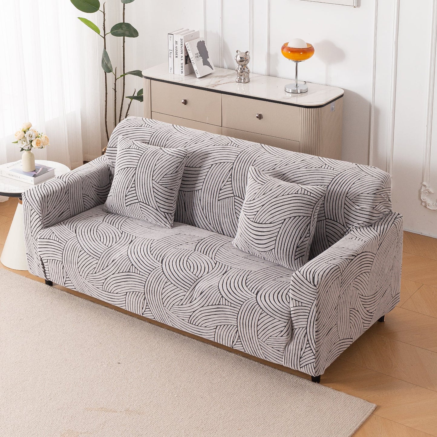 'WaveLine Series' Jacquard Sofa Cover 1/2/3/4-seater Fully Covered, Classic White