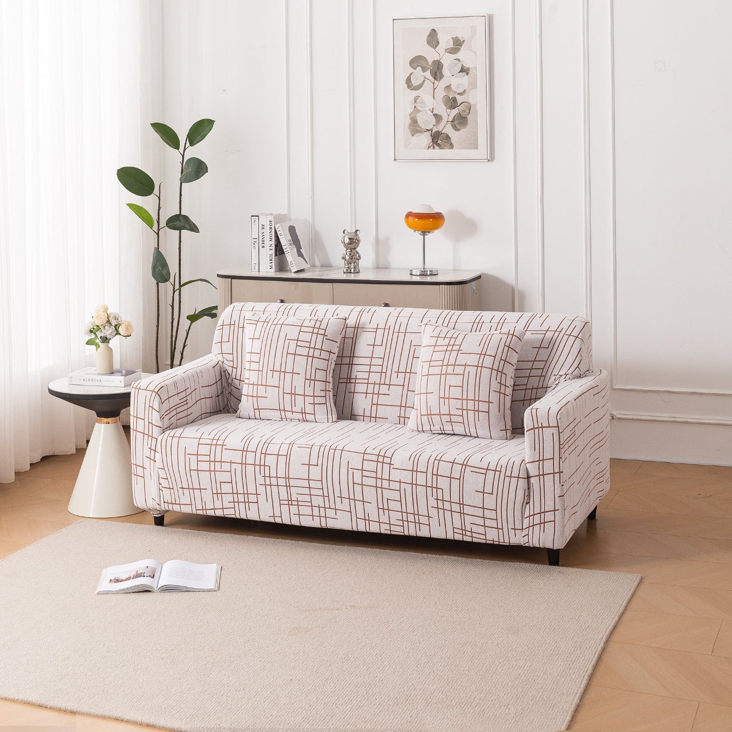 'Crossline Series' Jacquard Sofa Cover 1/2/3/4-seater Fully Covered, Rust Brown