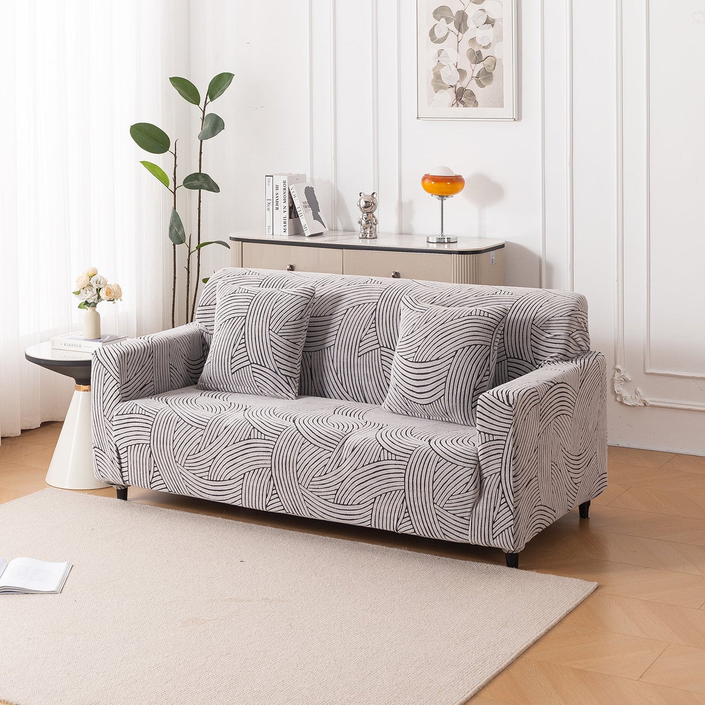 'WaveLine Series' Jacquard Sofa Cover 1/2/3/4-seater Fully Covered, Classic White