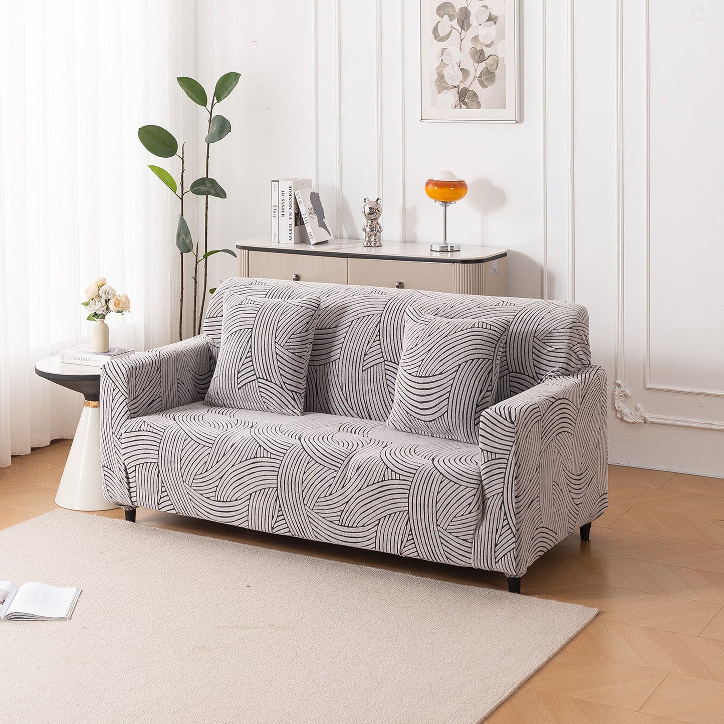 'WaveLine Series' Jacquard Sofa Cover 1/2/3/4-seater Fully Covered, Ash Grey