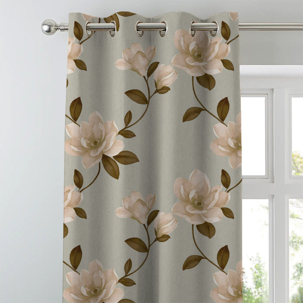 Floral Flock Floral Tan Beige Heavy Satin Room Darkening Curtains Set Of 2 - (DS129E)