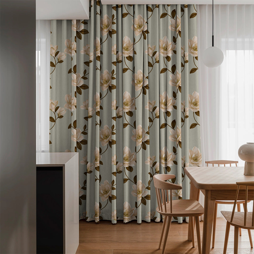 Floral Flock Floral Tan Beige Heavy Satin Room Darkening Curtains Set Of 2 - (DS129E)