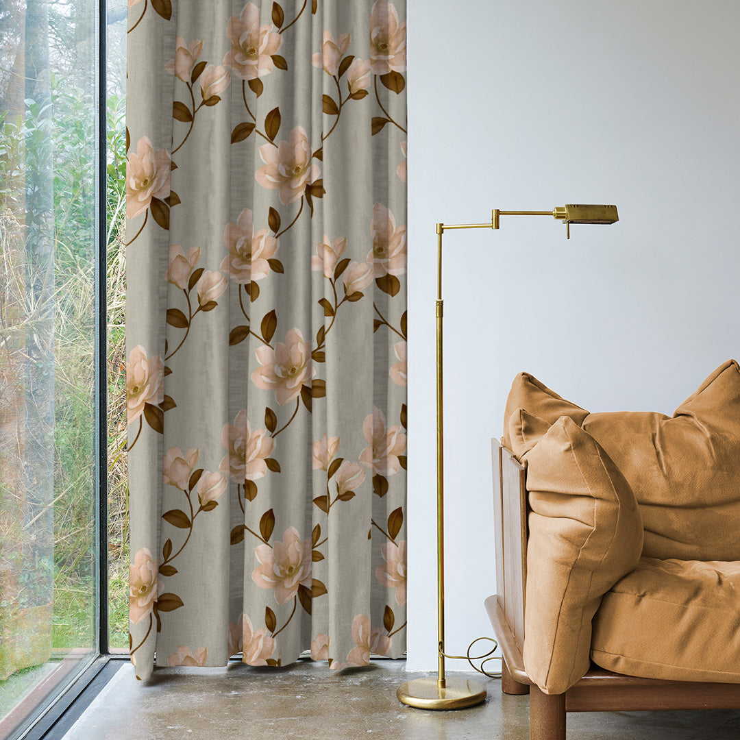 Floral Flock Floral Tan Beige Heavy Satin Room Darkening Curtains Set Of 2 - (DS129E)