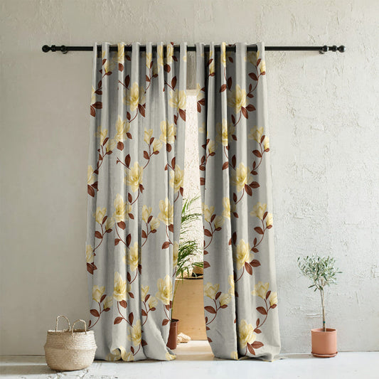 Floral Flock Floral Shine Yellow Heavy Satin Room Darkening Curtains Set Of 2 - (DS129F)
