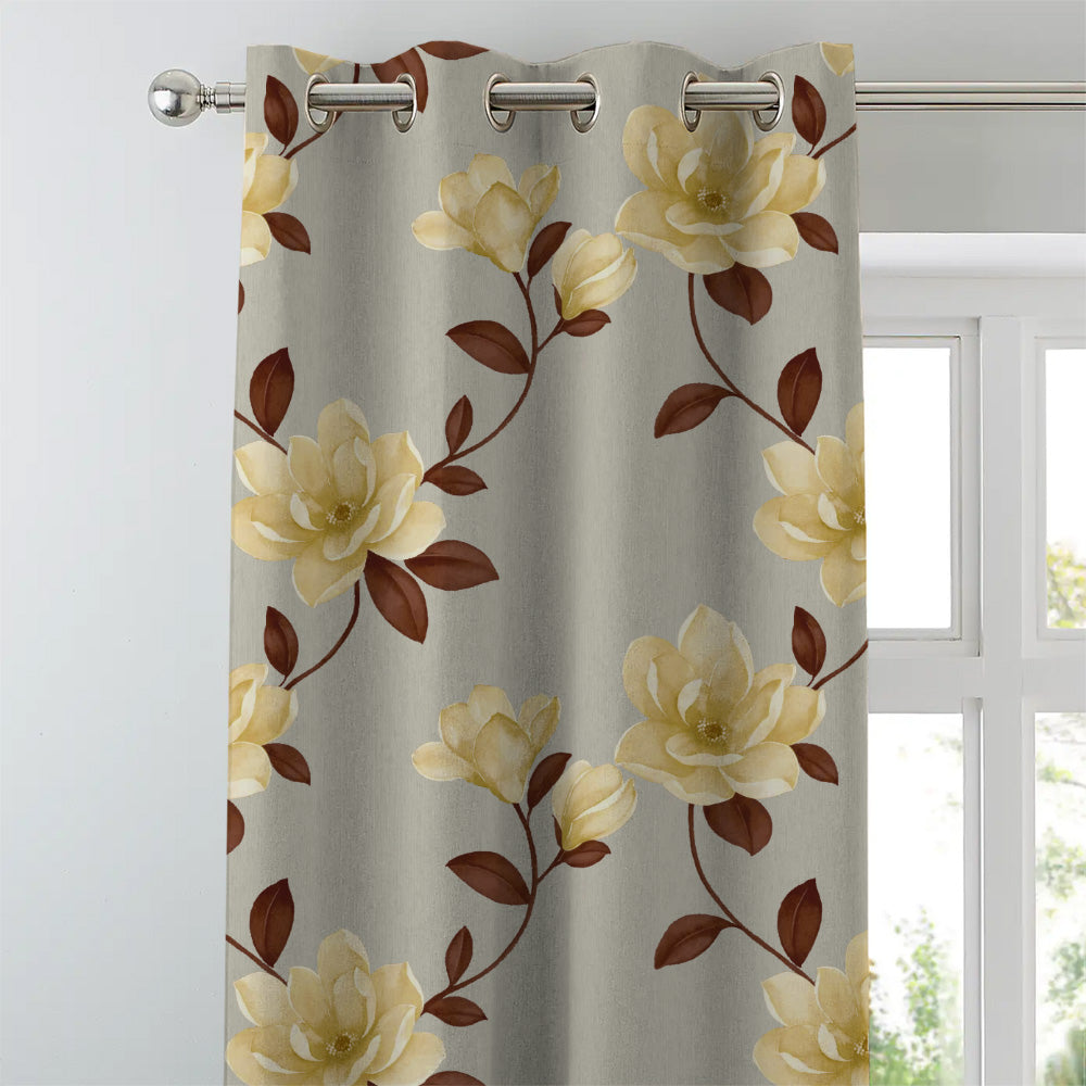 Floral Flock Floral Shine Yellow Heavy Satin Room Darkening Curtains Set Of 2 - (DS129F)