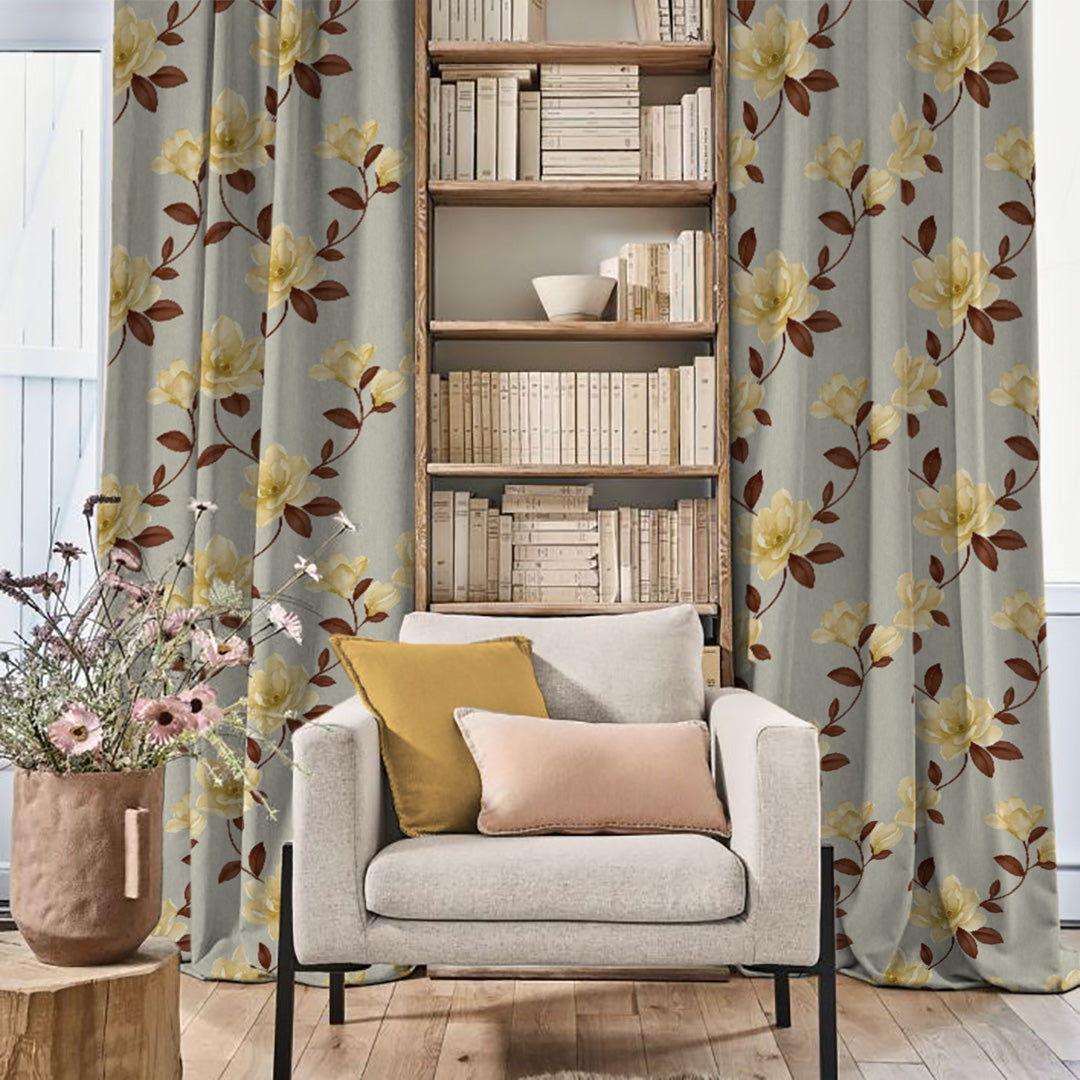 Floral Flock Floral Shine Yellow Heavy Satin Room Darkening Curtains Set Of 2 - (DS129F)