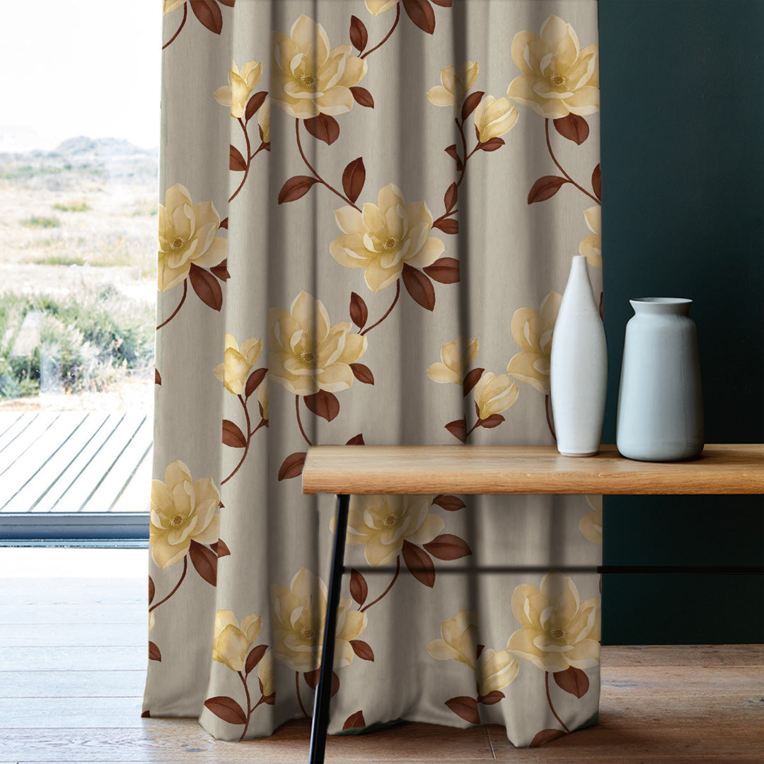 Floral Flock Floral Shine Yellow Heavy Satin Room Darkening Curtains Set Of 2 - (DS129F)